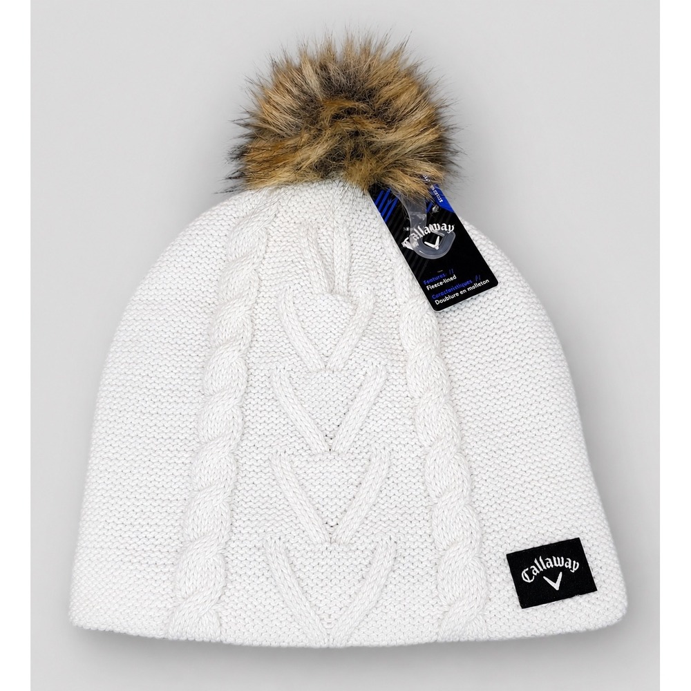 Callaway Golf Womens Pom Pom Beanie White Cream Cable Knit Fleece Lined winter